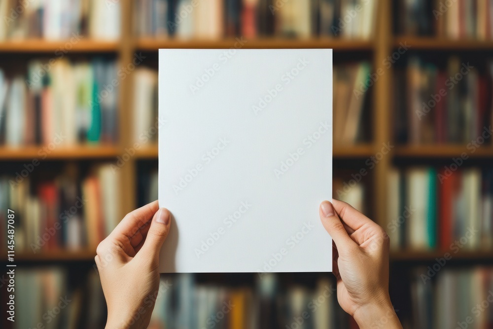 A person holding a blank sheet of paper in front of a bookshelf. A person holding a blank sheet of paper in front of a bookshelf.