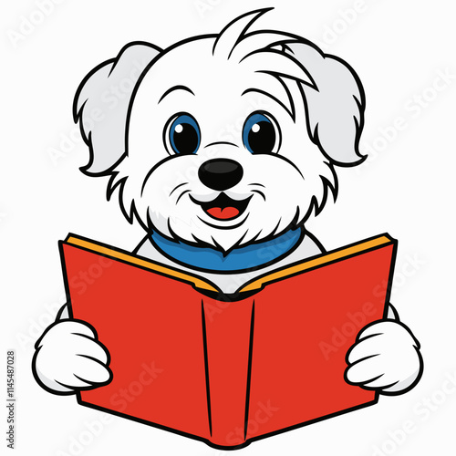 Maltese dog reading book on white background 