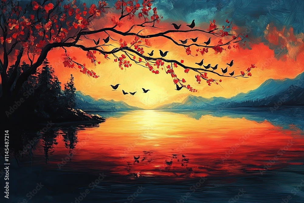 Vibrant sunset over calm lake, tree branches with birds. Vibrant sunset over calm lake, tree branches with birds.
