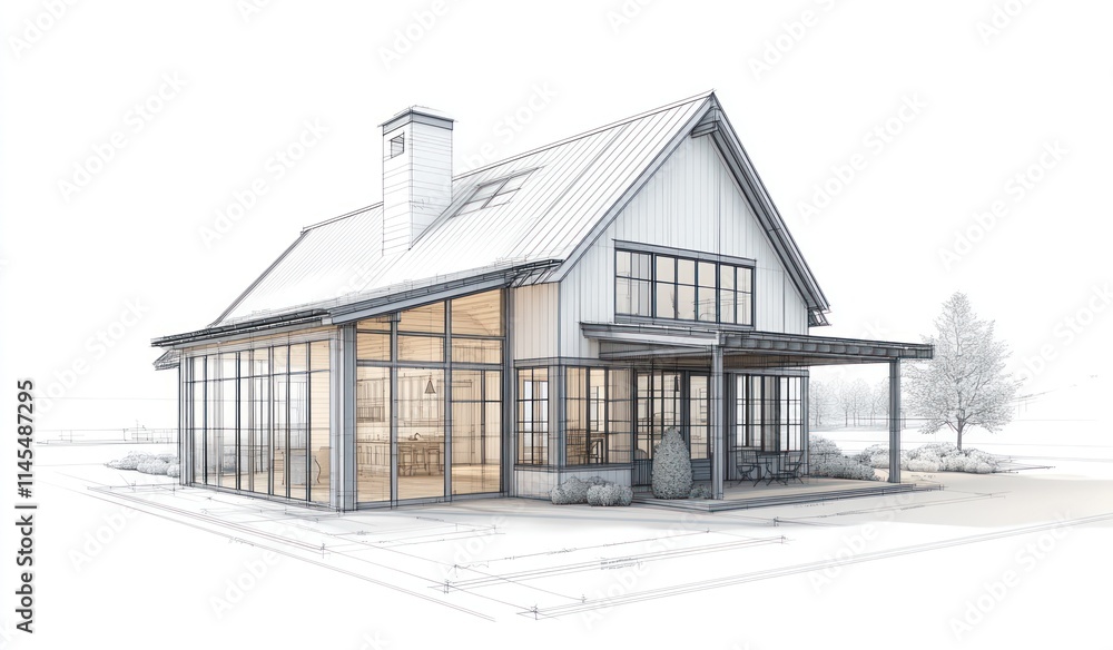 A modern architectural rendering of a house with large glass windows and a porch. A modern architectural rendering of a house with large glass windows and a porch.