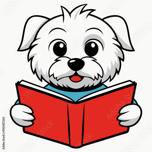 Maltese dog reading book on white background 