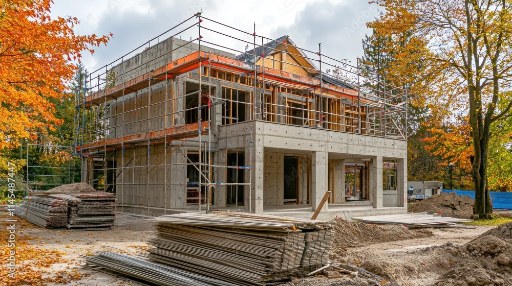 A construction site featuring a partially built house surrounded by autumn foliage. A construction site featuring a partially built house surrounded by autumn foliage.