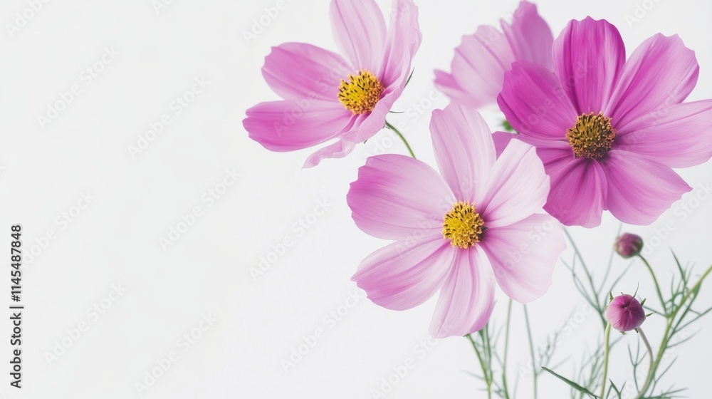 Fototapeta premium A bouquet of vibrant cosmos flowers in full bloom against a clean white backdrop, close-up shot, Minimalist style
