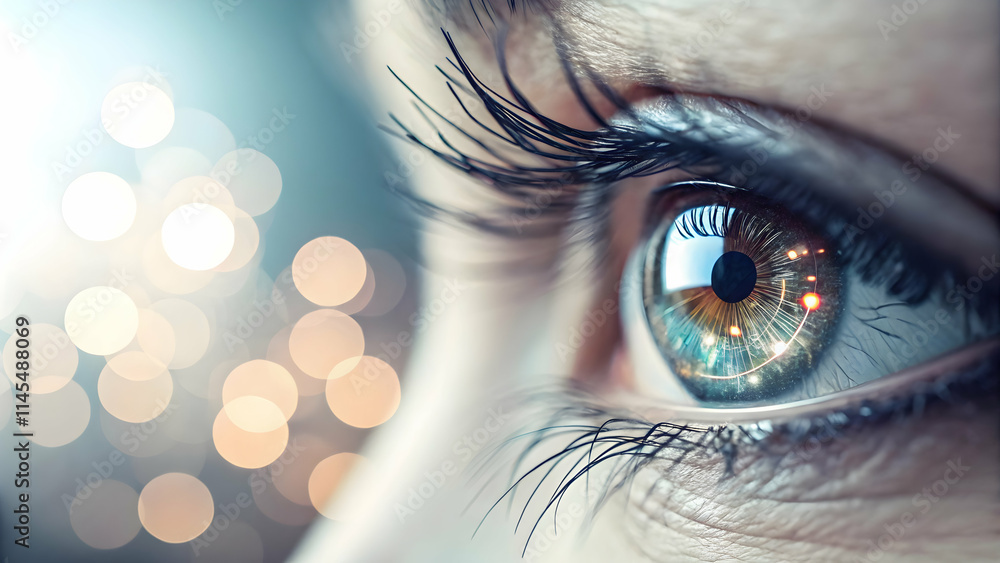 Fototapeta premium Close up of an eye with digital reflections and soft bokeh lights concept as A detailed close up of an eye reflecting digital elements and soft bokeh lights symbolizing vision and insight into the wor