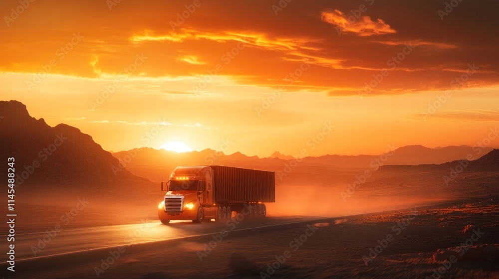 A truck drives along a road at sunset, surrounded by mountains and a dusty atmosphere. A truck drives along a road at sunset, surrounded by mountains and a dusty atmosphere.
