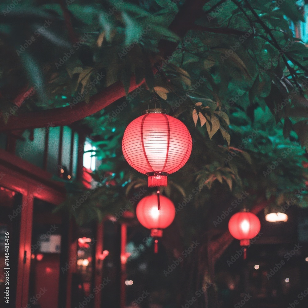 Illuminated Red Lanterns Hanging from Tree Branches at Night (2) Illuminated Red Lanterns Hanging from Tree Branches at Night (2)