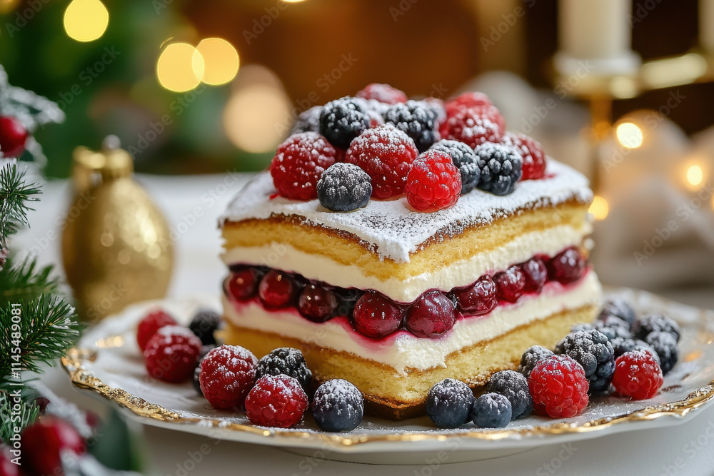 A festive Napoleon cake layered with custard, topped with fresh berries, and dusted with powdered sugar, A festive Napoleon cake layered with custard, topped with fresh berries, and dusted with powdered sugar,