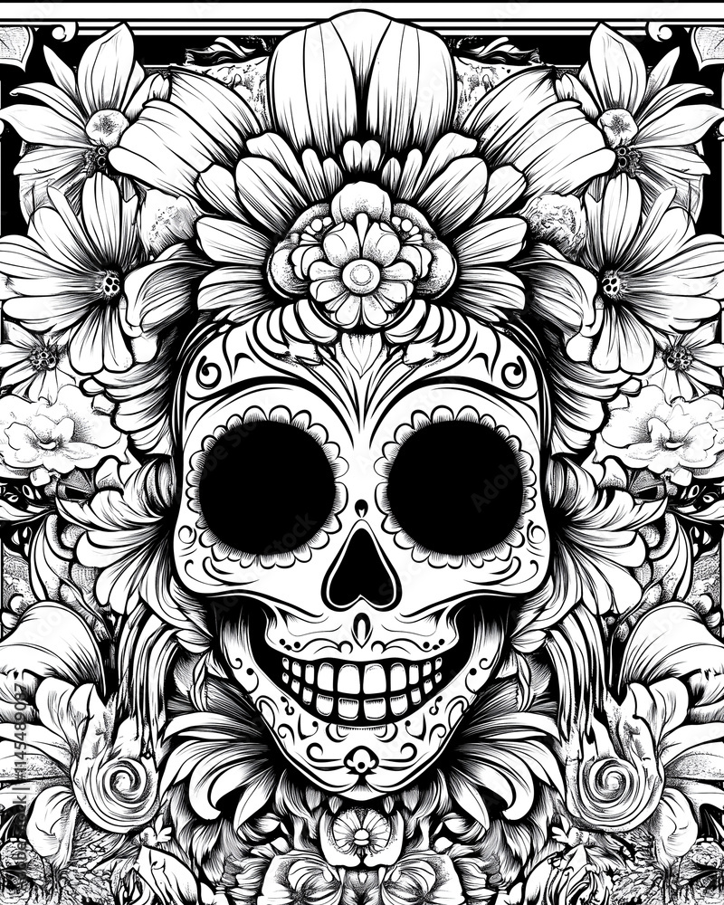 A black and white drawing of a skull with flowers and leaves surrounding it. The skull has a smile on its face, giving the image a whimsical and playful feel A black and white drawing of a skull with flowers and leaves surrounding it. The skull has a smile on its face, giving the image a whimsical and playful feel
