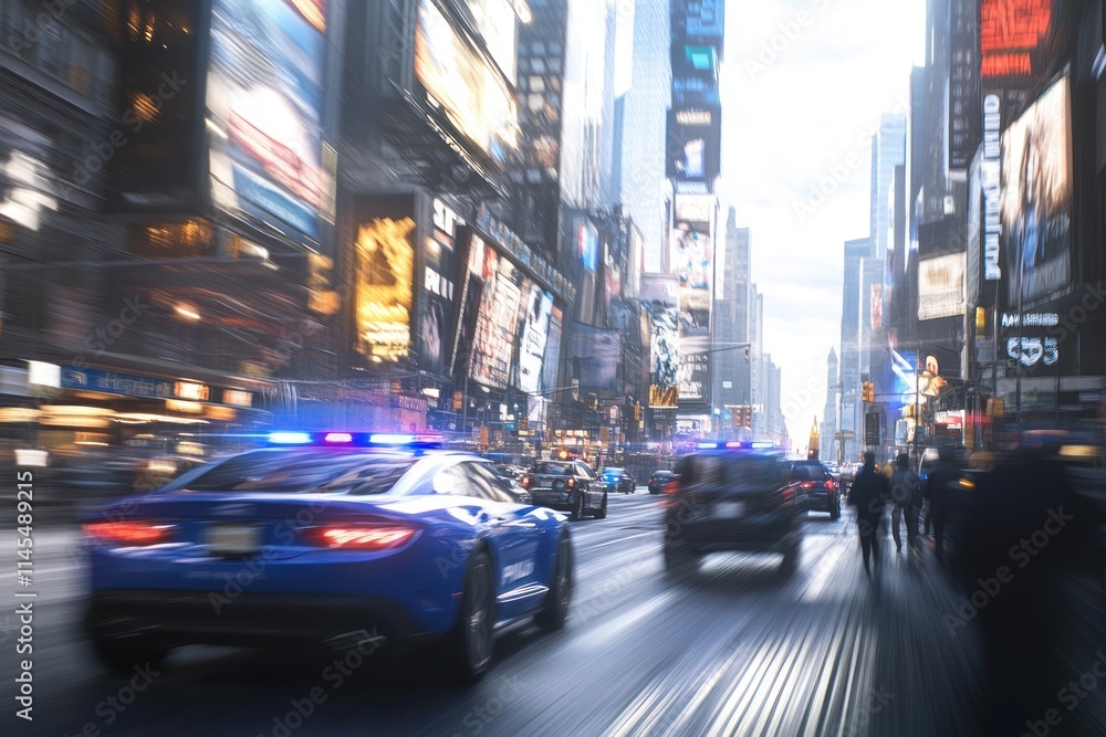 A bustling city scene with a police car and pedestrians in a vibrant urban environment. A bustling city scene with a police car and pedestrians in a vibrant urban environment.