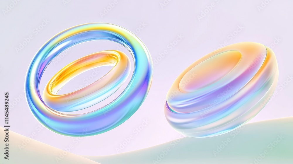 Colorful Transparent Rings Floating in Soft Pastel Background Colorful Transparent Rings Floating in Soft Pastel Background