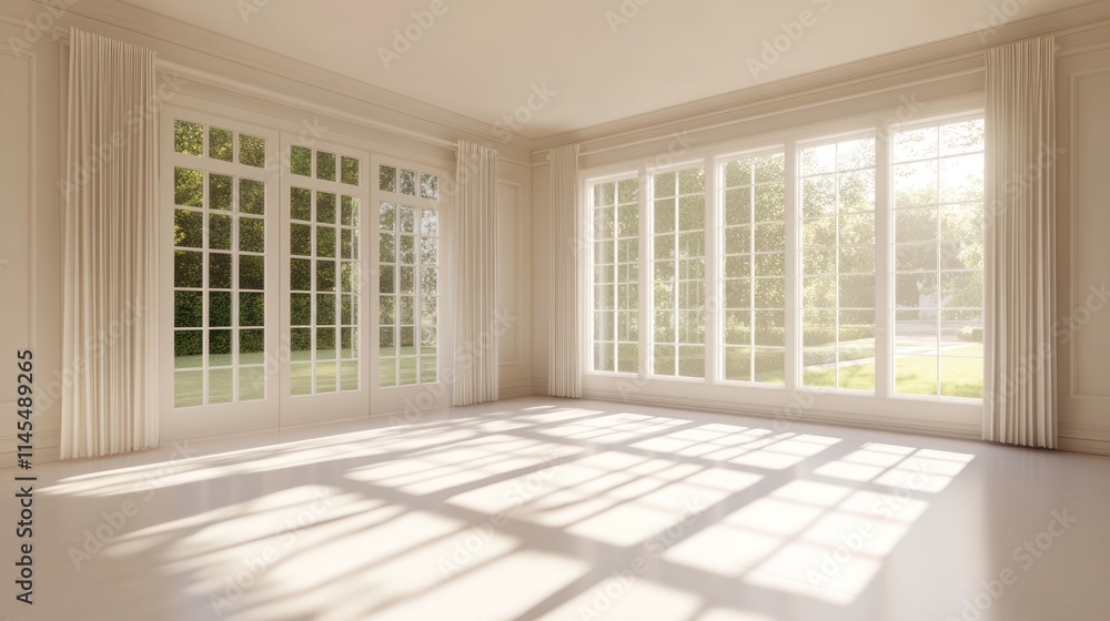 A bright, spacious room with large windows and soft sunlight casting shadows on the floor. A bright, spacious room with large windows and soft sunlight casting shadows on the floor.