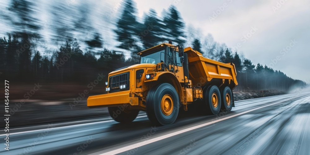 A yellow dump truck driving on a wet road through a forested area. A yellow dump truck driving on a wet road through a forested area.