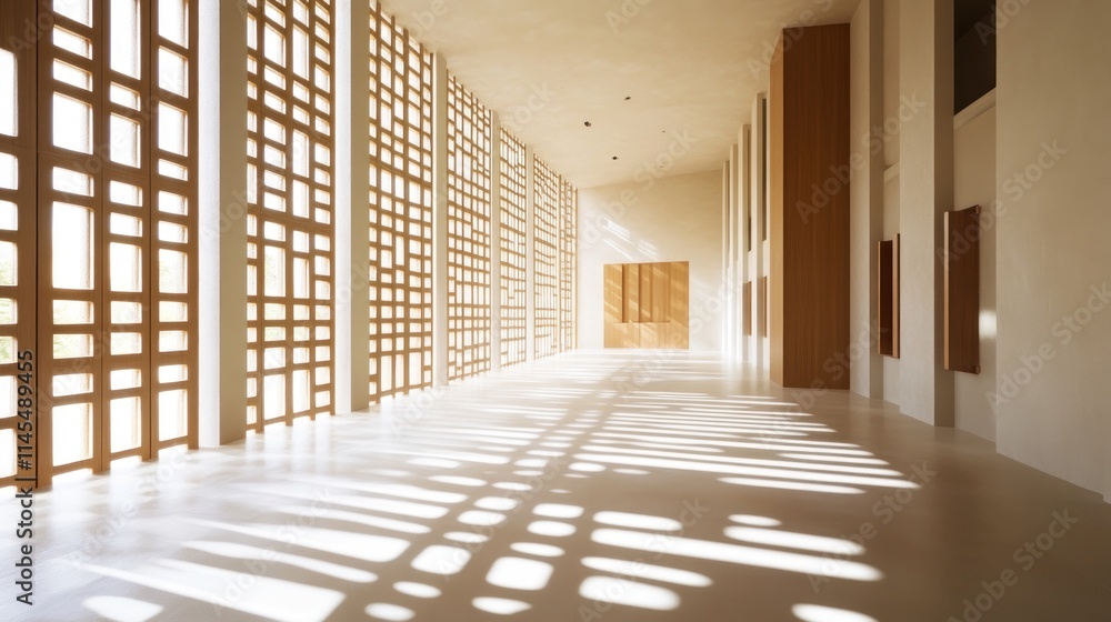 A bright, modern interior space with wooden lattice walls casting intricate shadows. A bright, modern interior space with wooden lattice walls casting intricate shadows.