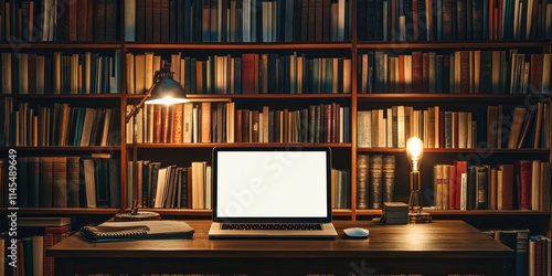 A cozy workspace with a laptop, lamp, and bookshelves in the background.