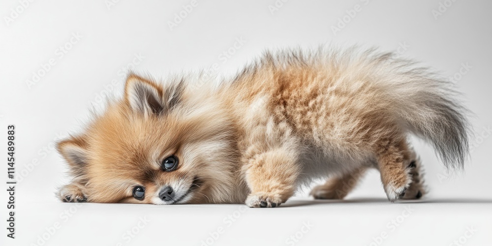 Obraz premium A playful Pomeranian dog lying down, showcasing its fluffy fur and expressive eyes.