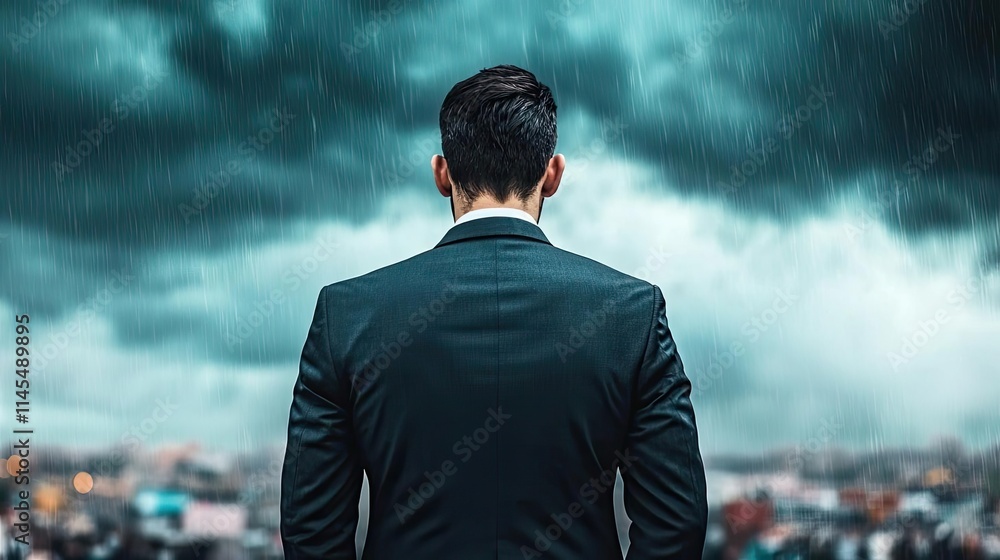 Businessman silhouettes idea. A man in a suit stands before a stormy sky, contemplating challenges and decisions. Businessman silhouettes idea. A man in a suit stands before a stormy sky, contemplating challenges and decisions.