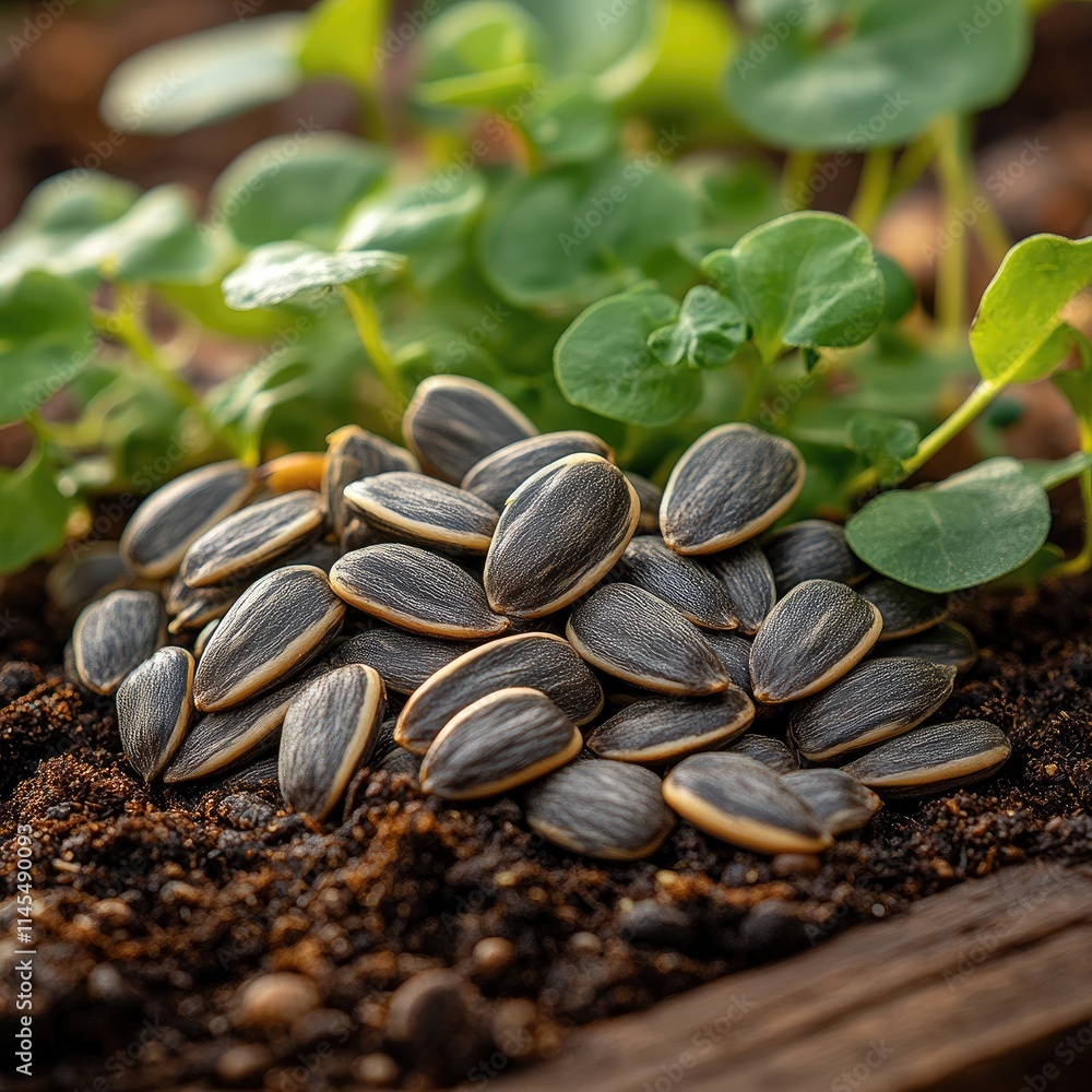 Close-up of sunflower seeds in soil, surrounded by seedlings. Close-up of sunflower seeds in soil, surrounded by seedlings.