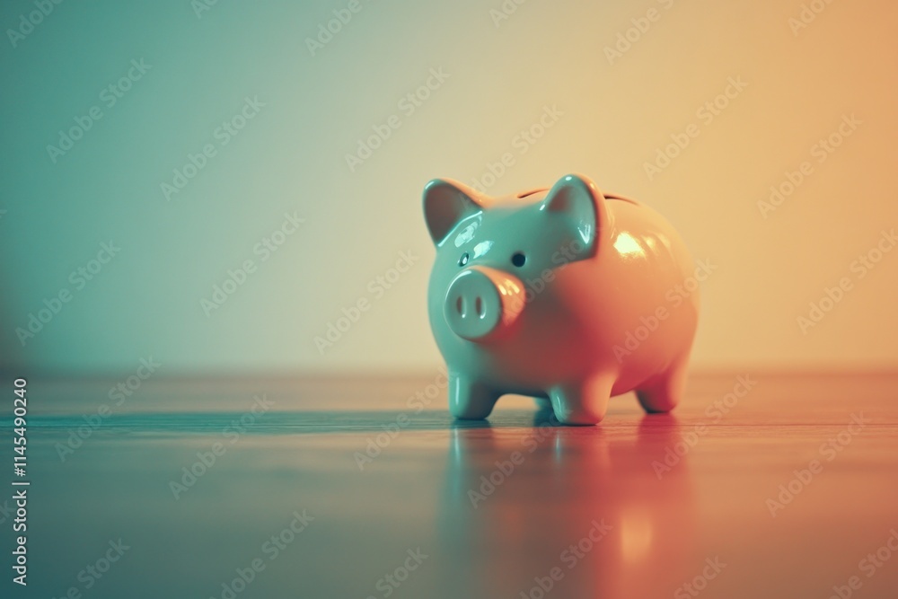 Fototapeta premium A ceramic piggy bank sitting on a wooden surface, symbolizing savings and finance.