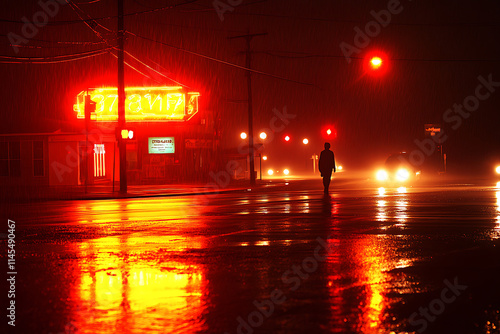 Fotografie Glowing neon signs reflect off rain-slick streets while people bustle through th