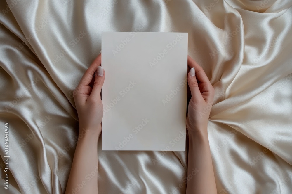 A blank sheet of paper held by hands on a silky fabric background. A blank sheet of paper held by hands on a silky fabric background.