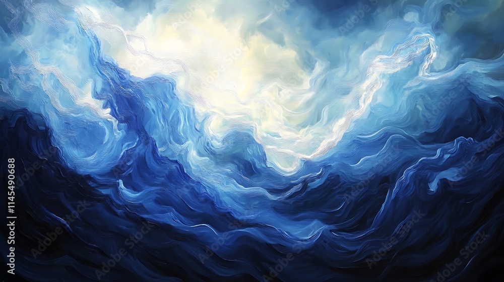 Abstract painting of swirling blue and white clouds, resembling a stormy sea or celestial landscape. Abstract painting of swirling blue and white clouds, resembling a stormy sea or celestial landscape.