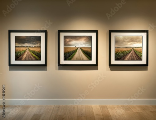 A long light fixture with two lights on each end, hanging over three framed photos of corn fields and desert roads. The modern home interior features warm, realistic lighting and wall art.  photo