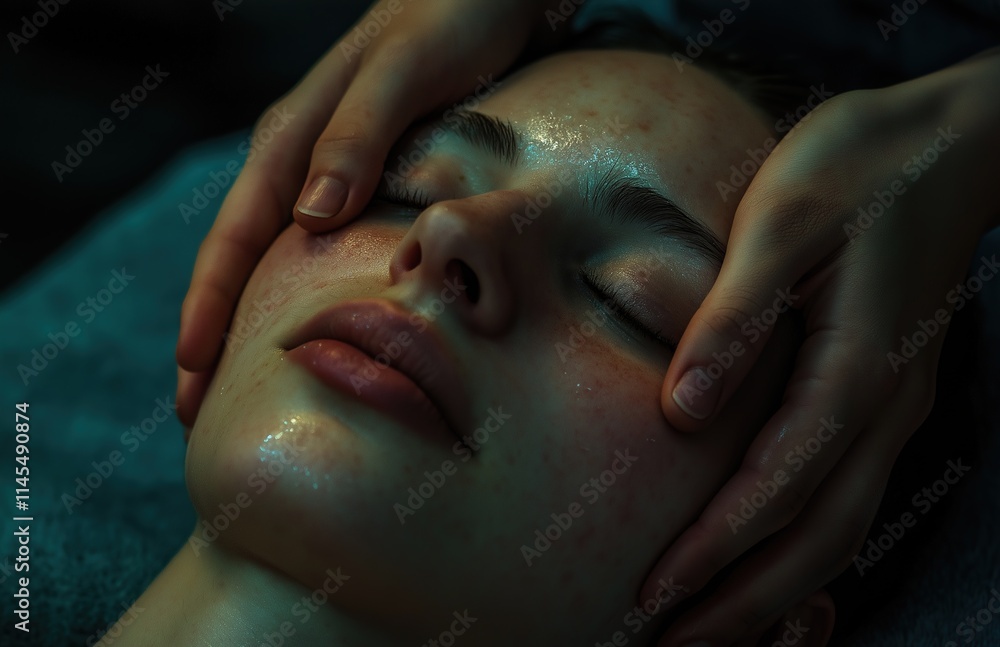 Naklejka premium Close-up of a woman receiving a soothing facial massage, highlighting skincare treatment and relaxation in a tranquil spa ambiance. 