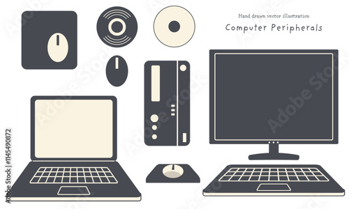 pcと周辺機器等イラスト素材（レトロでシンプルなデザイン）