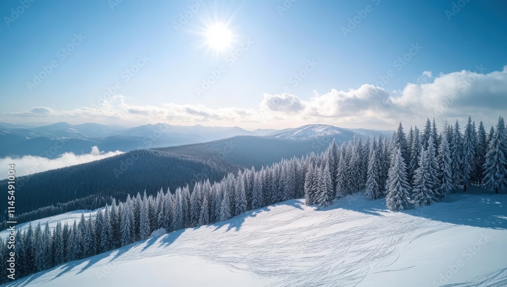 Breathtaking Winter Landscape with Snow-Covered Pine Trees Under Bright Sunny Sky and Majestic Mountains in the Distance, Capturing the Essence of Tranquil Nature Breathtaking Winter Landscape with Snow-Covered Pine Trees Under Bright Sunny Sky and Majestic Mountains in the Distance, Capturing the Essence of Tranquil Nature