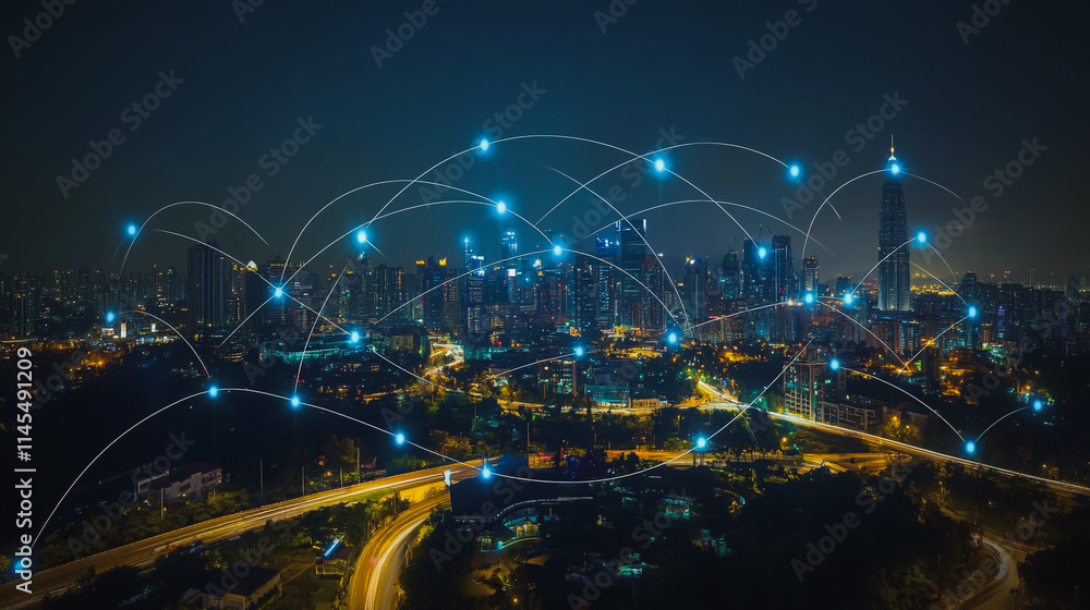Fototapeta premium Smart digital Innovation city with connection network reciprocity over the cityscape. of future smart wireless city and social media networking systems that connects business people with in city