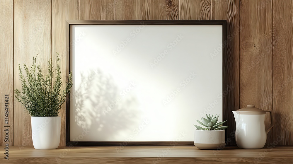 Blank frame mockup on wooden shelf with plants and a pot. Ideal for showcasing artwork, designs, or product placement. Blank frame mockup on wooden shelf with plants and a pot. Ideal for showcasing artwork, designs, or product placement.