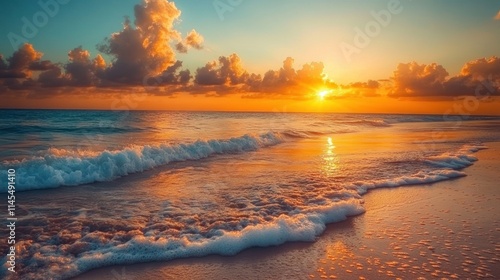Golden Sunset over Ocean Waves