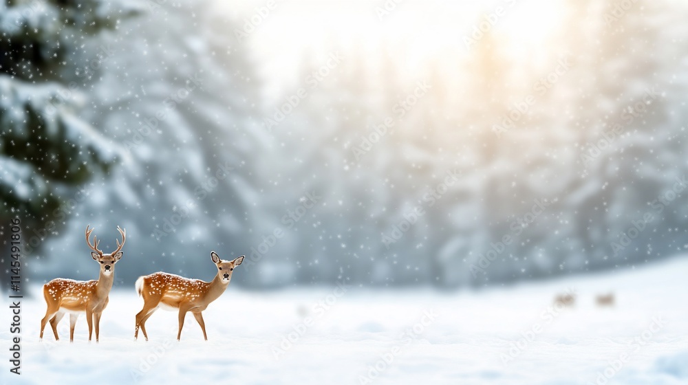 Two deer in a snowy landscape, creating a serene winter scene. Two deer in a snowy landscape, creating a serene winter scene.