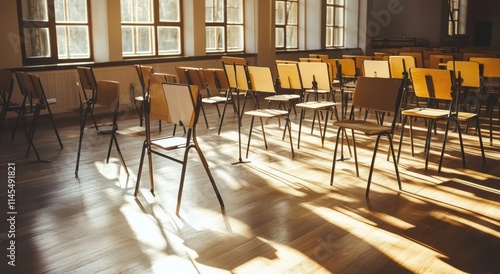 A sunlit room filled with empty chairs, suggesting a space for gathering or learning.