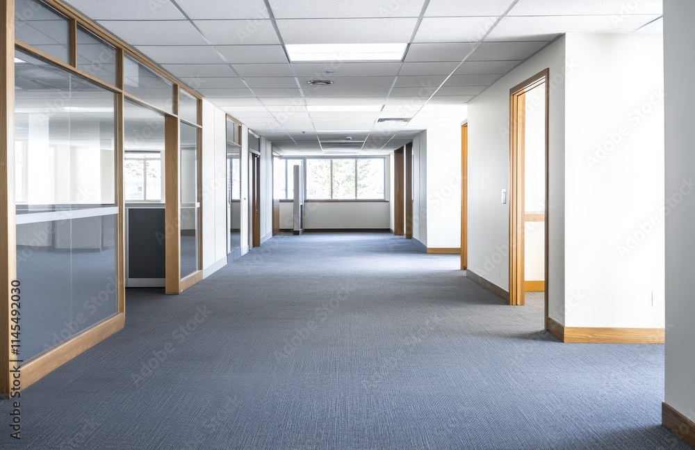 Bright and Spacious Modern Office Interior with Carpet Flooring and Glass Partitions, Ideal for Business Use and Professional Work Environment Bright and Spacious Modern Office Interior with Carpet Flooring and Glass Partitions, Ideal for Business Use and Professional Work Environment