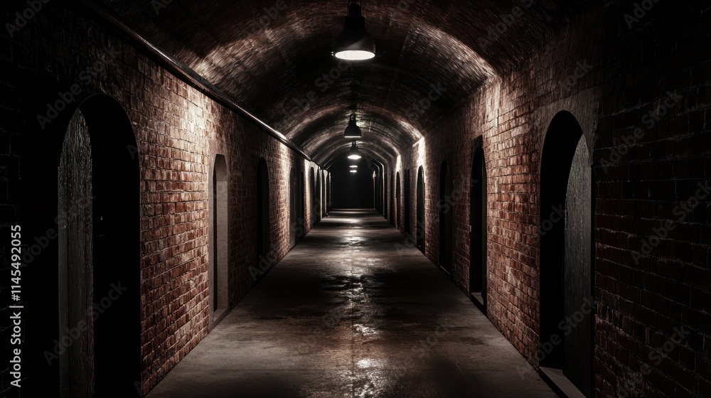 Fototapeta premium A dimly lit corridor with brick walls and doorways, creating an eerie atmosphere.