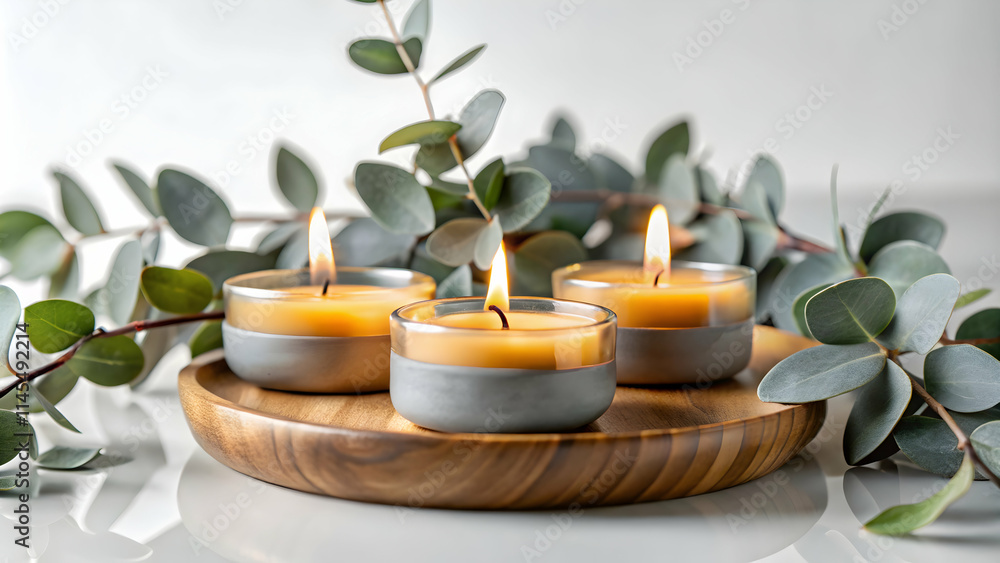 Elegant Floating Aromatherapy Candles and Lotus Petals Isolated on White Background Elegant Floating Aromatherapy Candles and Lotus Petals Isolated on White Background