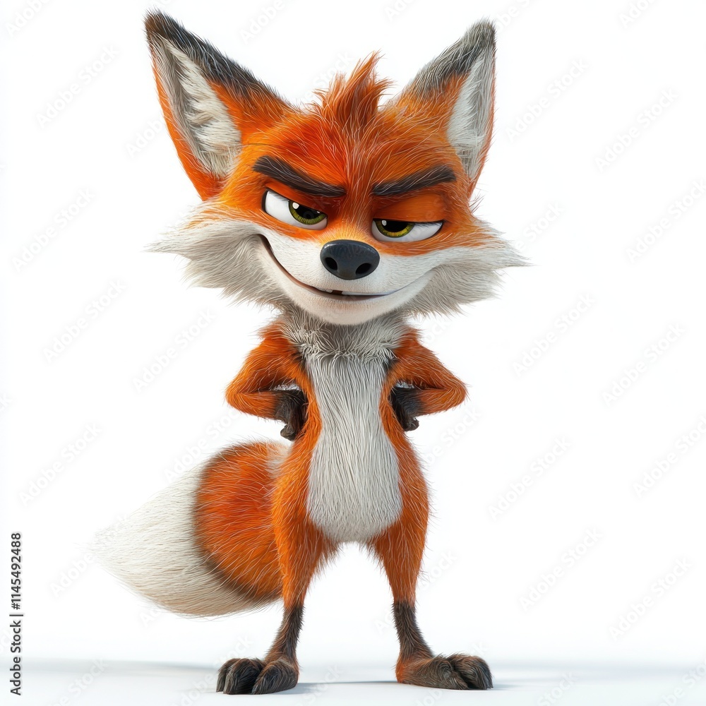 Fototapeta premium A confident cartoon fox character with a sly expression and bushy tail.