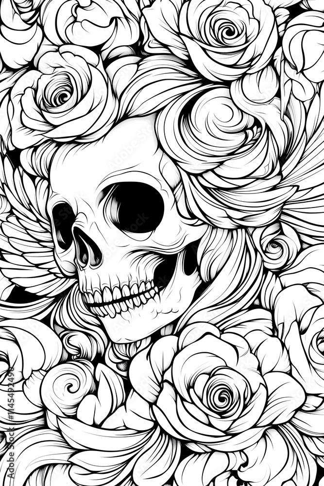 A skull is surrounded by roses and is the main focus of the image. The roses are scattered throughout the background, with some closer to the skull and others further away A skull is surrounded by roses and is the main focus of the image. The roses are scattered throughout the background, with some closer to the skull and others further away