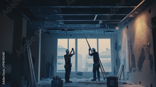 Two workers renovating a room, using tools to install a ceiling in a construction site. photo