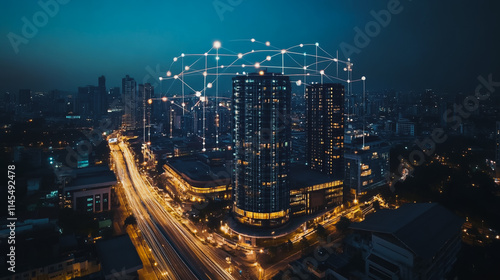 Smart digital Innovation city with connection network reciprocity over the cityscape. of future smart wireless city and social media networking systems that connects business people with in city