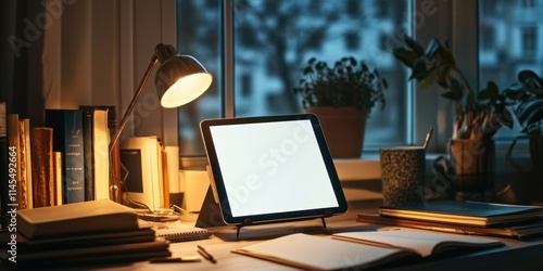A cozy workspace with a tablet, books, and a lamp, perfect for studying or working.