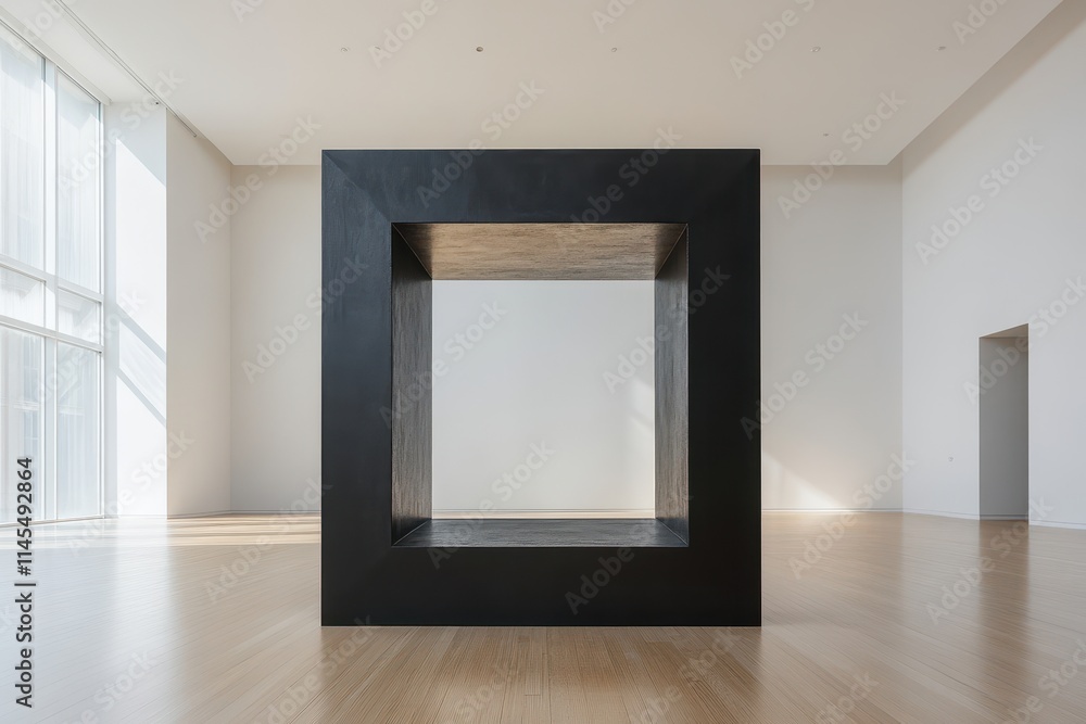 Obraz premium Large black cube art installation in a minimalist gallery. Represents modern art, space, and architectural design.