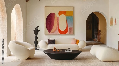 Modern Living Room Interior Design with Abstract Art and Sculptural Furniture photo