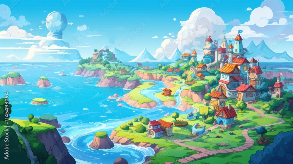 Coastal Village Fantasy Scene With Castle And Floating Orb Coastal Village Fantasy Scene With Castle And Floating Orb