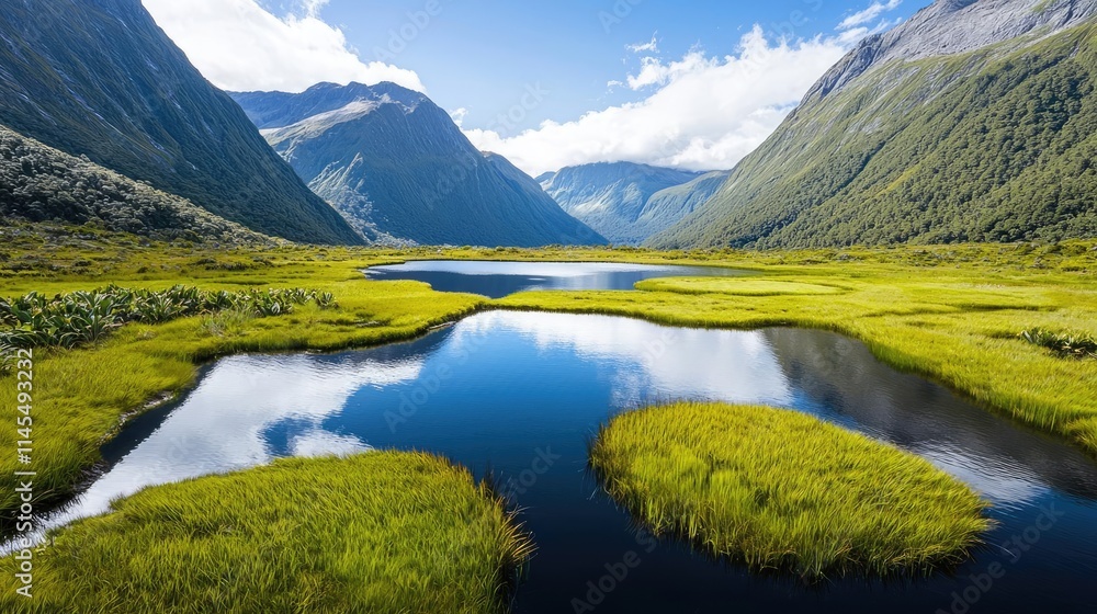 Wilderness valley concept. A serene landscape featuring a tranquil lake surrounded by lush green hills and mountains. Wilderness valley concept. A serene landscape featuring a tranquil lake surrounded by lush green hills and mountains.