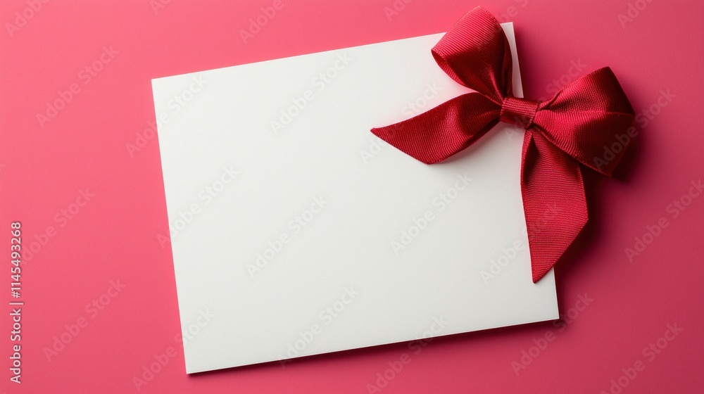 Blank white paper gift card with red bow on top right on pink background. Concept for Wedding or Valentine card, Invitation, Romantic, Love letter Blank white paper gift card with red bow on top right on pink background. Concept for Wedding or Valentine card, Invitation, Romantic, Love letter