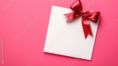 Blank white paper gift card with red bow on top right on pink background. Concept for Wedding or Valentine card, Invitation, Romantic, Love letter