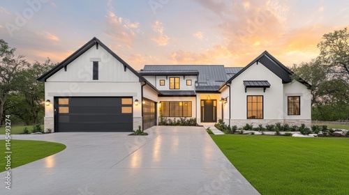 A modern home exterior with a driveway, landscaped lawn, and a sunset backdrop.