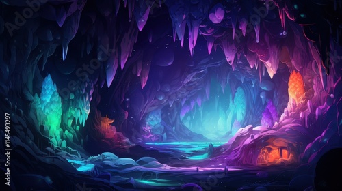 Vibrant Crystal Cave Fantasy Landscape Artwork photo